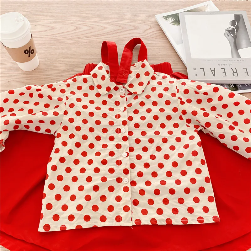 

MILANCEL 2021 Summer New Girls Dress Set Dot Ruff Sleeve Shirt And suspend A-line Dress 2 Pcs Set Children Outfit