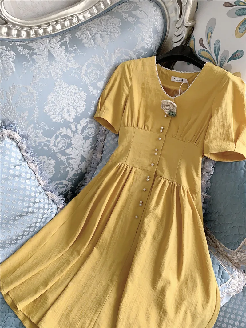 

Women Dress Short Puff Sleeve Sexy V-neck Calf-length French Chic Elegant Maxi Vestidos Floral Print