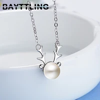 bayttling silver color round pearl cute antler pendant necklace for woman fashion wedding engagement jewelry gift