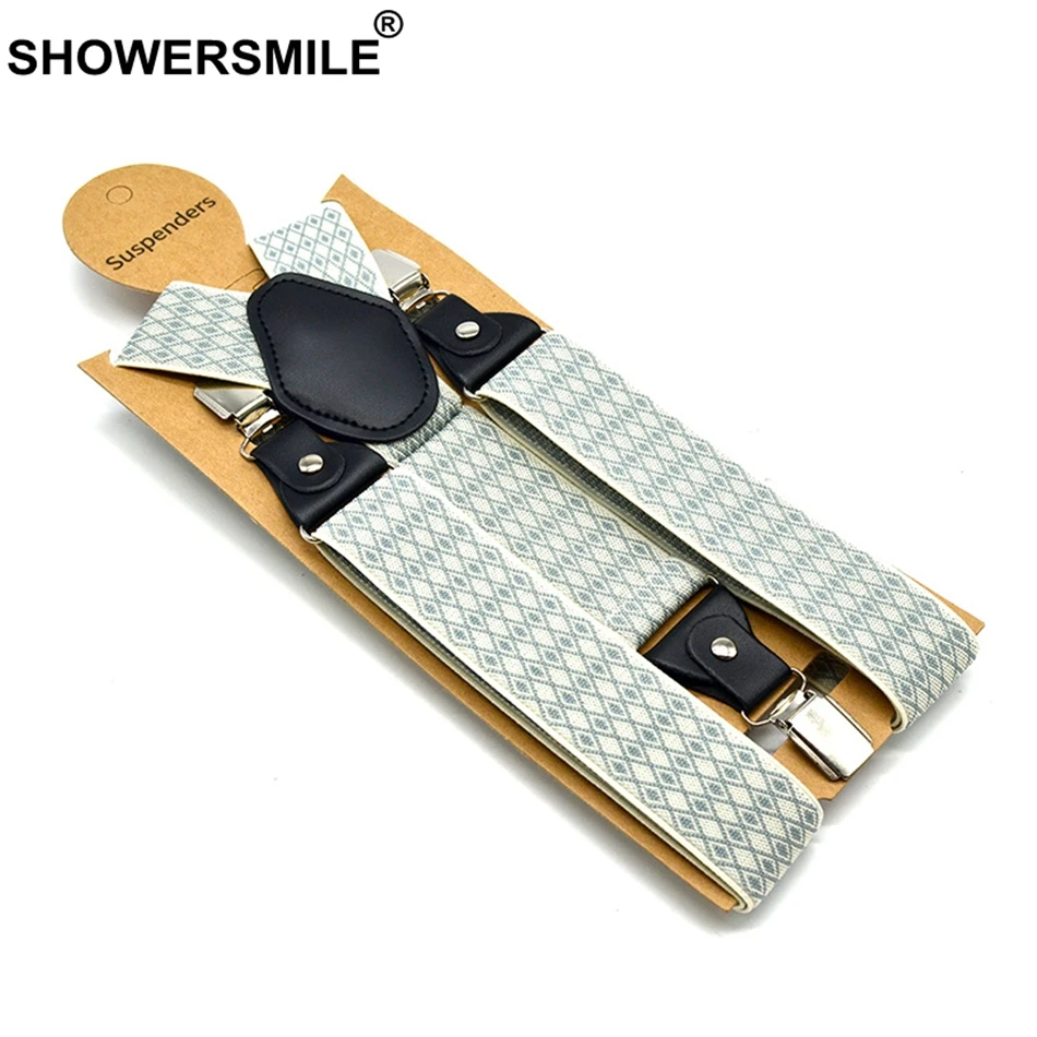

SHOWERSMILE Suspender Pants for Men Women Wide 3.5cm Argyle 3 Clips Suspender Straps Beige Jacquard Adjustable Male Suspenders