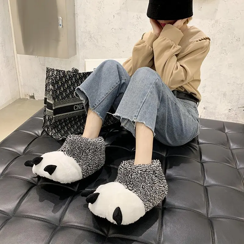 

Cartoon bear paw cotton slippers winter men and women couples home indoor cute animal bag with plush slippers