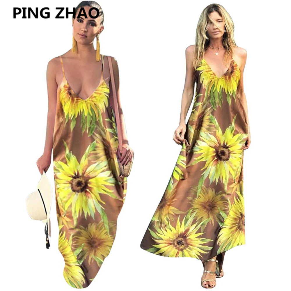

PING ZHAO New Summer Women's V Neck Spaghetti Strap Printing Beach Long Maxi Dress Loose Bohemian Clothing