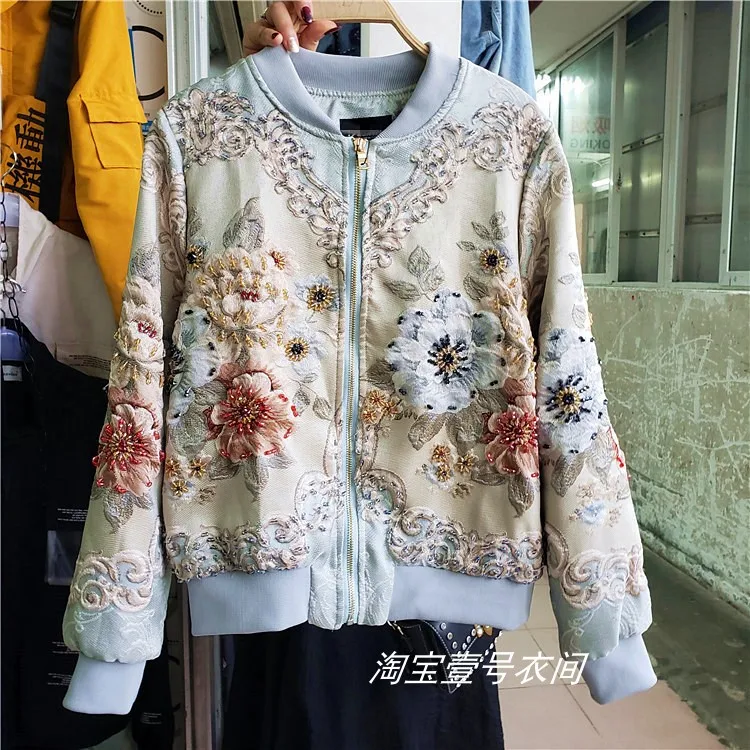 

Autumn Jacket Women New Retro Jacquard Heavy Embroidered Beaded Baseball Coat Female Bomber Jackets Female Outwears