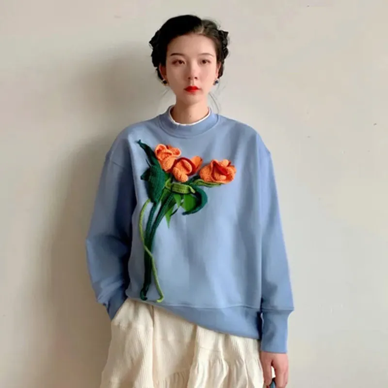 Hand Hook 3D Tulip Sweatshirt Ladies Streetwear 2021 Oversized Crewneck Sweatshirt Women Solid Long Sleeve Slouch Pullover Tops