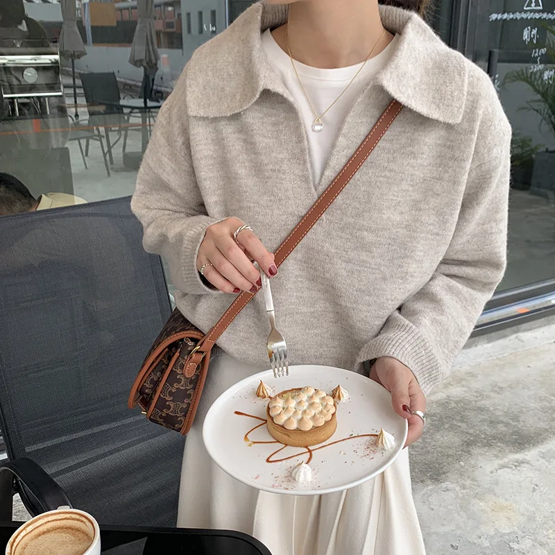 

Lazy Style Deep V-Neck Polo-Neck Pullover Sweater Women Autumn and Winter Korean Loose Womens Sweaters