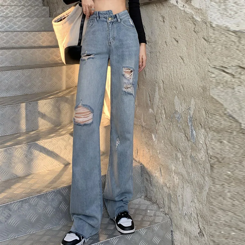 

Fall/winter new style ripped denim wide-legged straight loose irregular high-waisted mopping pants women