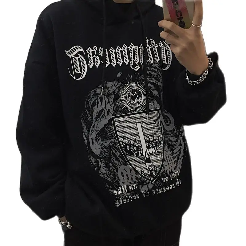 

Korean Gothic Punk Black Hoodies Women Y2K Oversized Long Sleeve Pullovers Tops Shcoolgirl Street Style Clothes