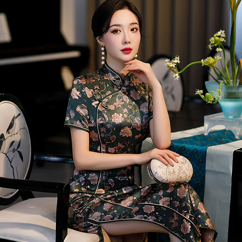 

Chinese Dress Qipao Wedding Stand-up Collar Cheongsam Slim Slimming Short-sleeved Banquet Dress With Slit Long Women