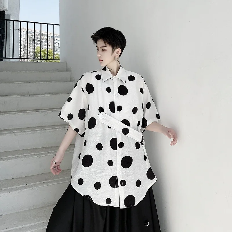 

Men Cotton Linen Casual Short Sleeve Polka Dot Shirt Male Japan Karajuku Korea Streetwear Loose Shirts Black White