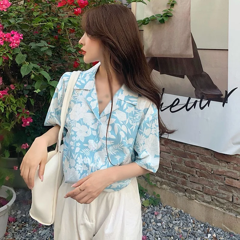 

Vintage Floarl T Shirt Women Top Female Turn-down Collar Loose Casual Chiffon Shirt Summer Clothing