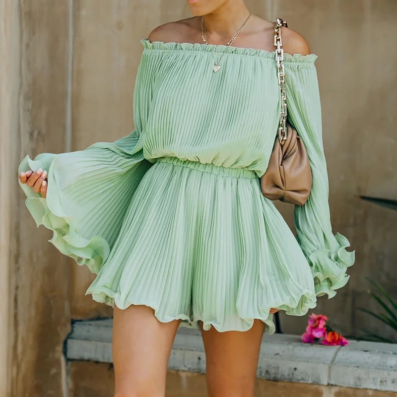 

New Women's Twill Neckline Flared Sleeves Solid Color Ruffled One-shoulder Ruffled Mini Dress Full Casual Solid Tube Top Dress