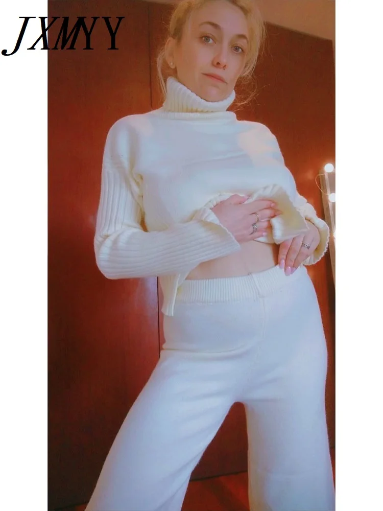 Qiu Dong Han Edition Turtleneck Split With Thick Sweater Wide-Legged Pants Two-Piece Goddess Languid Is Lazy Wind Loose Knitted |
