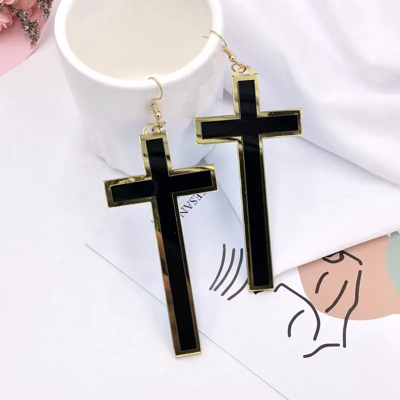 Панк Модные Винтажные большие длинные черные акриловые серьги капли с крестиком