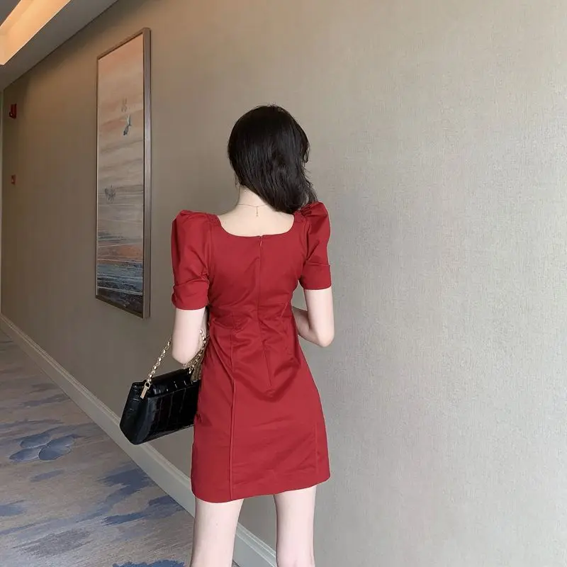 

Women 's Dress 2021 Summer Youth Solid Color Square Collar Puff Sleeve Single-Breasted Slim Fit A- Line Dress
