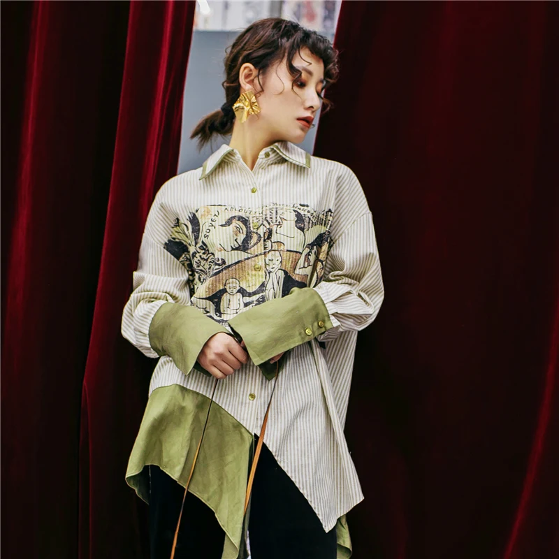 Женская асимметричная рубашка LANMREM повседневная контрастных цветов с длинными