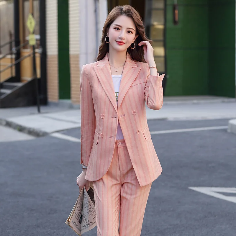 

IZICFLY new style striped khaki pink 2 piece set women pants suit Elegant office Trouser and jacket blazer set Business OL Work