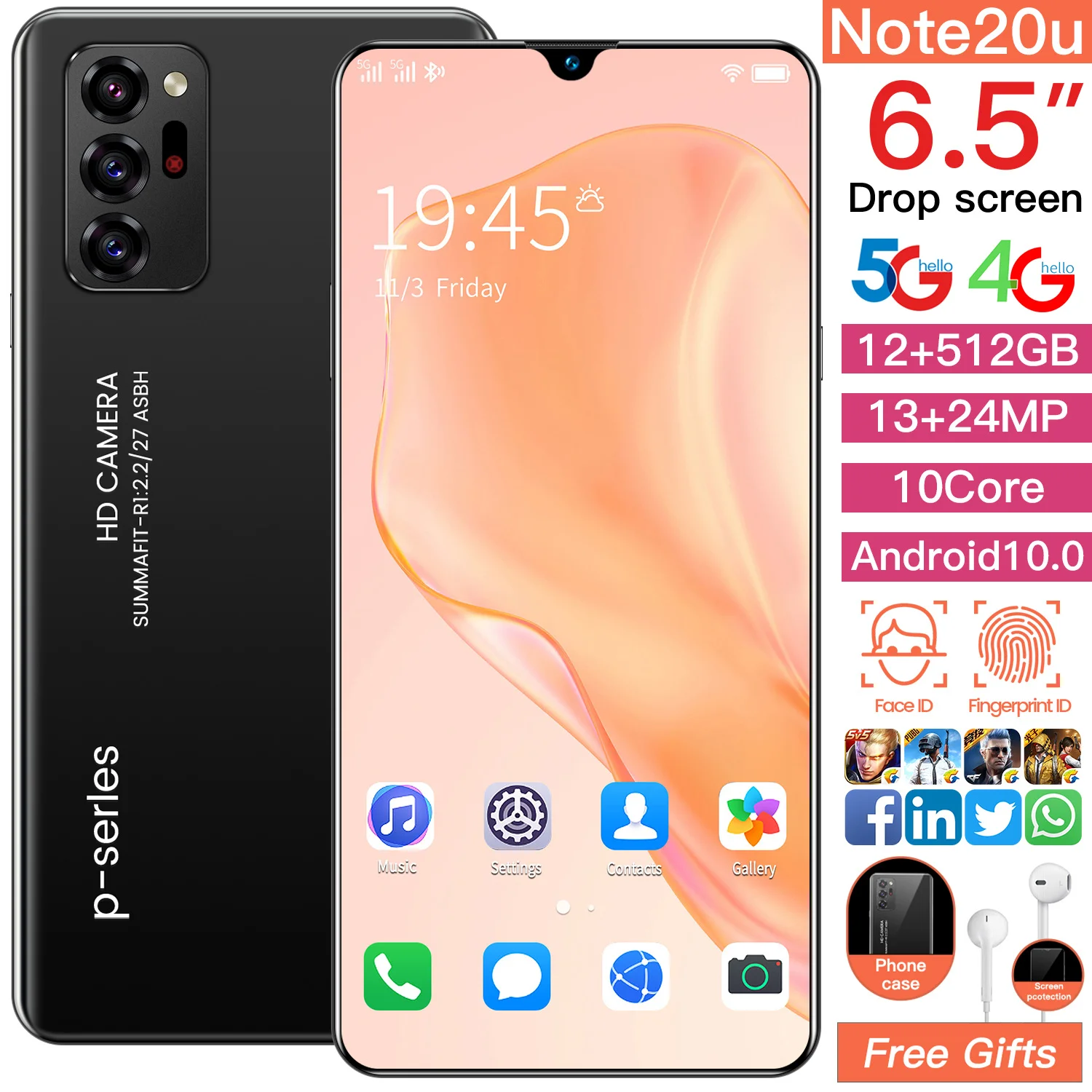 

Hot Sale Note20U 6.5 Inch 8GB RAM 256GB ROM 10 Core 4800mAh Mobile Phones MTK6799 Global Version 13+24MP Face ID 5G Smart Phone