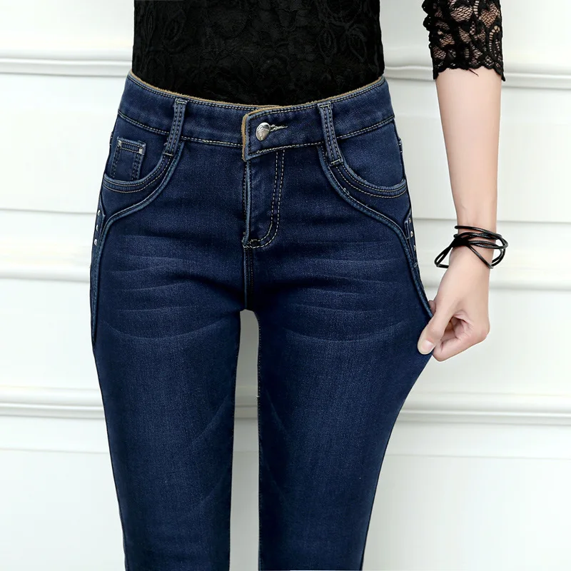 Blue Black Женские флисовые джинсы осень зима вельветовые толстые тонкие Стрейчевые джинсовые брюки женские большие размеры теплые брюки - Цвет: Blue Black