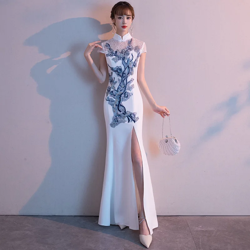 

Платье-Ципао женское кружевное с разрезом сбоку, пикантная ажурная юбка-Пао с воротником-стойкой, элегантная аппликация, платье для свадьбы