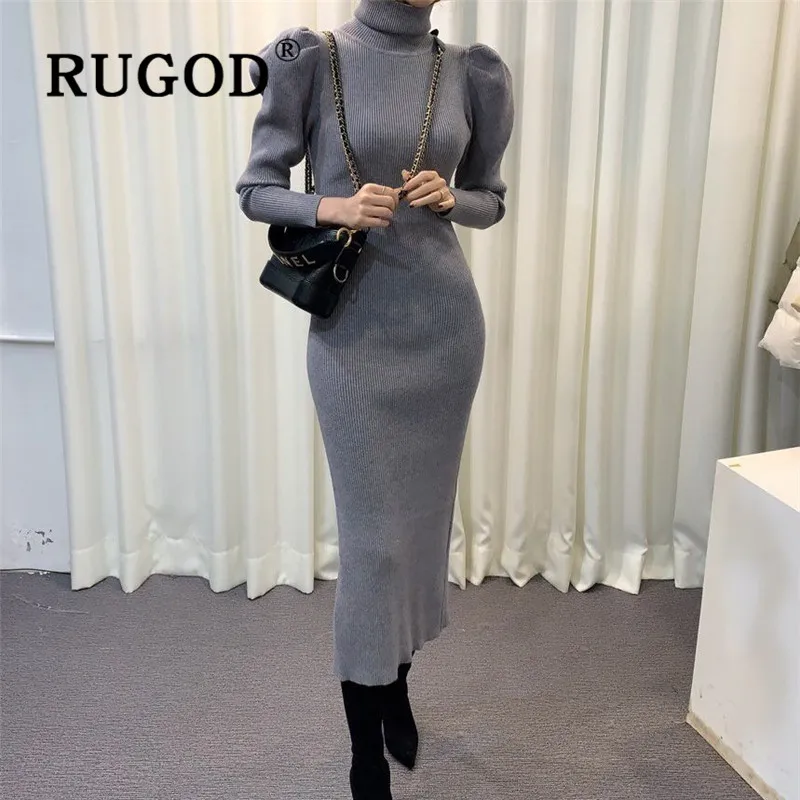 Женское винтажное длинное платье RUGOD однотонное Облегающее вязаное с высоким