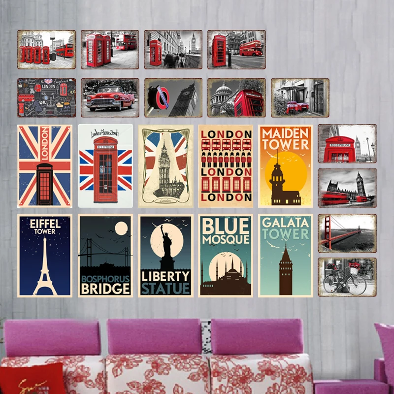 

Vintage Street Scenery Red Telephone Booth Metal Plaque Plate Painting Wall Iron Tin Sign Retro Picture Home Living Room Decor
