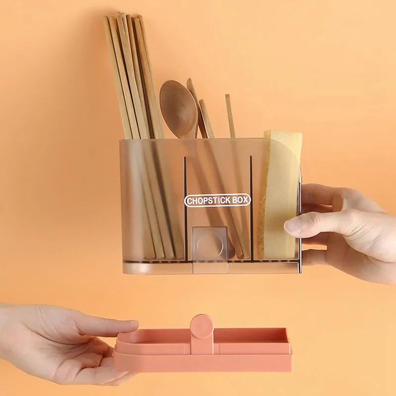 

Translucent Wall-mounted Chopstick Holder Kitchen Multi-function Shelf Free Perforated Chopstick Cage Storage For Kitchen