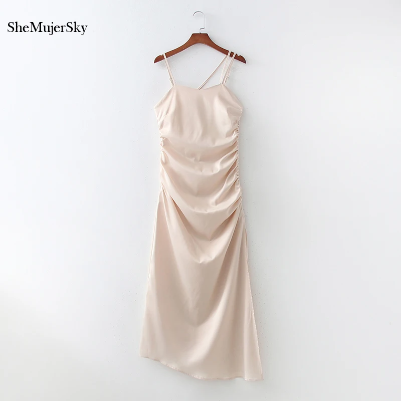 

SheMujerSky женское платье на бретельках Макси хаки облегающее атласное длинное платье с рюшами 2021 Платье С АСИММЕТРИЧНЫМ ПОДОЛОМ