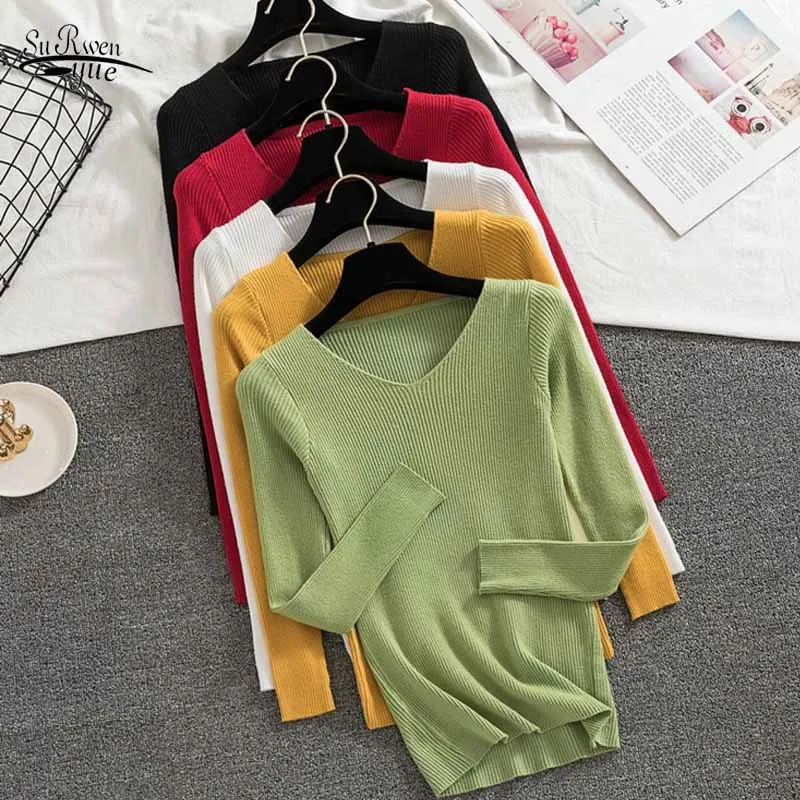 

Winter Elegant Women Long Sleeve Women Solid Sweater Fashion Pullover V-neck Korean Knitted Jumper Bottoming Slim Sweater 12320