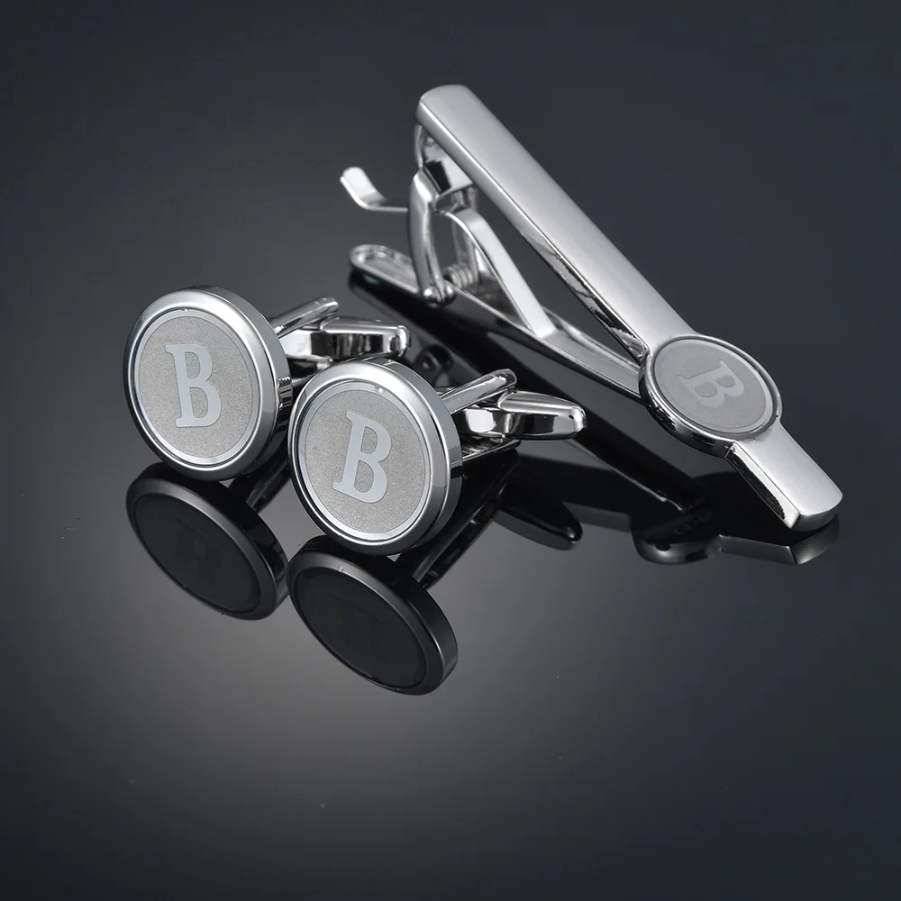 

26 English Letters Suit A-Z Silver Color French tie clip shirt cufflink sleeve nail men's gift box set