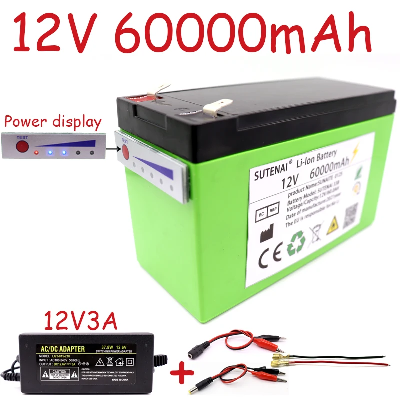 

New Power Display 12v 60A 18650 Lithium Battery Pack Is Suitable for Solar Energy and Electric Vehicle Battery + 12.6v3a Charger