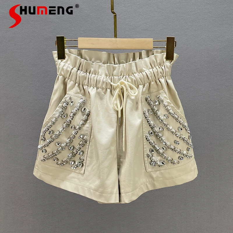 

Diamond Leather Shorts for Women Outer Wear Bootcuts 2022 Spring and Autumn New Elastic High Waist Slimming Loose Wide-Leg Pants
