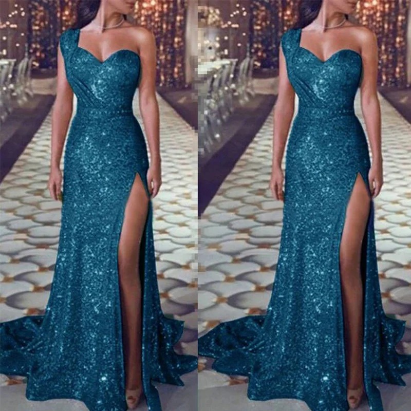 

Sexy One Shoulder High Split Irregular Dresses Elegant Lady Sexy Shiny Sequin Long Evening Dress 2022 New Design Women Vestidos