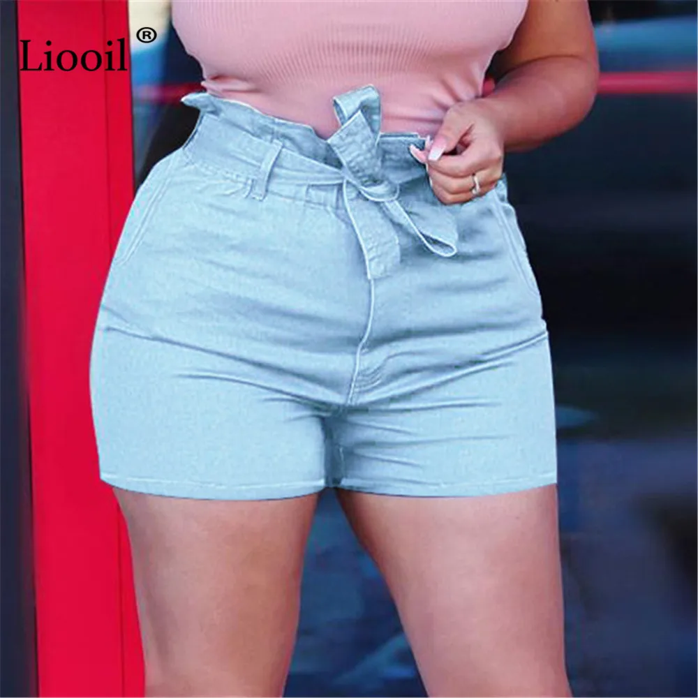 

Liooil Casual Blue Jean Shorts With Belts Pockets Women Rave Clothes 2021 Summer Streetwear High Waist Lace-Up Sexy Denim Shorts