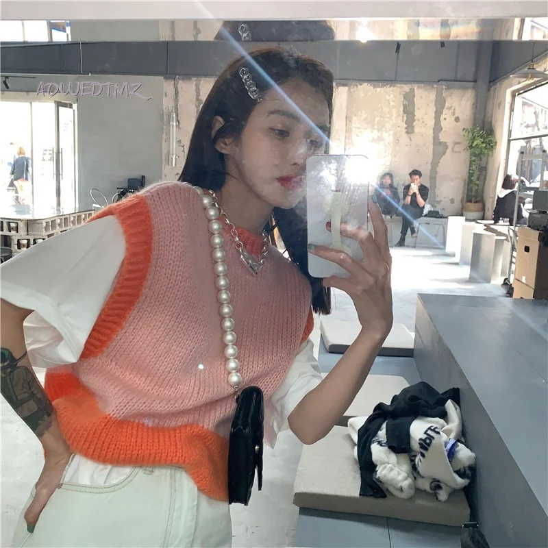 

AOWDTMZ New Pink Orange Knitted Contrasting Color Vest Women's Sweet Sleeveless Vest Spring Korean Round Neck Loose Thin Style