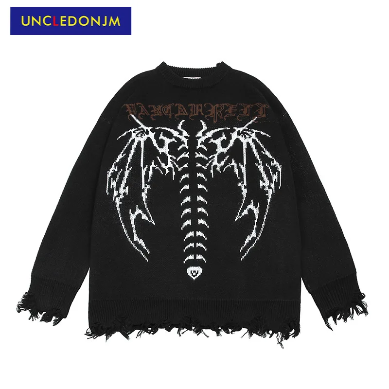 

UNCLEDONJM Bat Skeleton Sweater Pullover Gothic distressed sweater men streetwear hip hop loose couple knit sweater vintage 8901