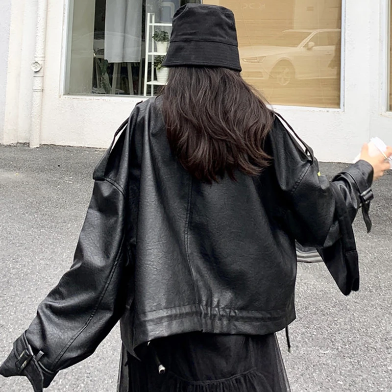[LANMREM] Autumn And Winter New Products Fashion Retro Long Sleeve Loose Motorcycle Leather Jacket Female PA522