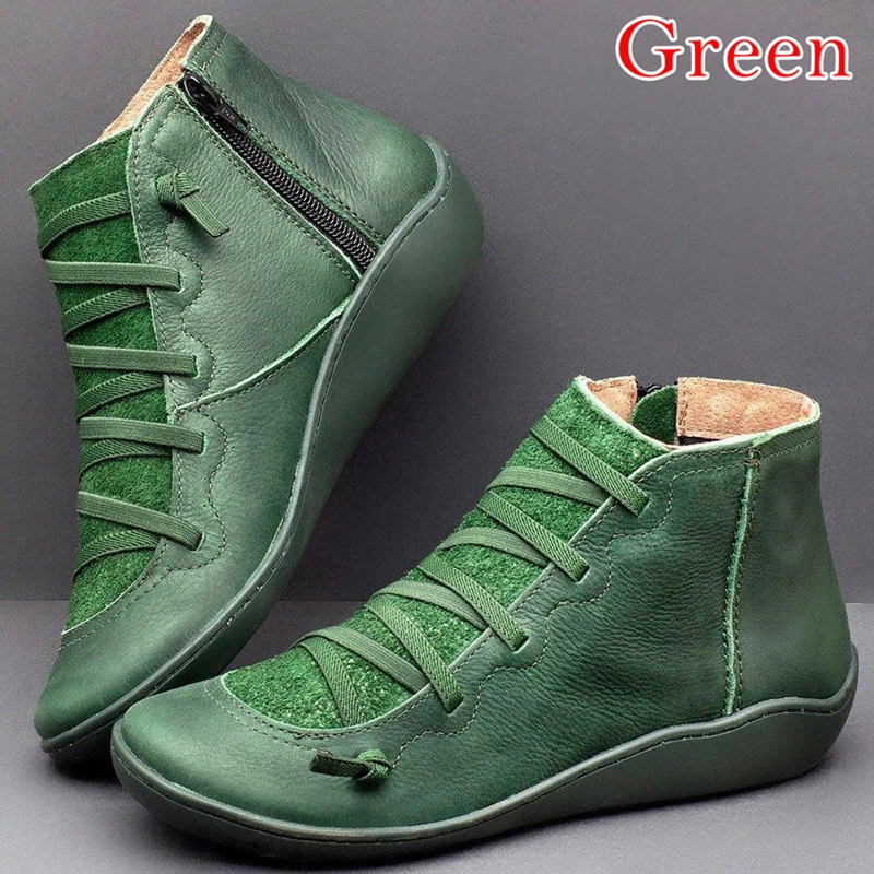 A green Женские зимние ботинки из искусственной кожи; весенние ботильоны на плоской подошве; женские короткие ботинки коричневого цвета с мехом; коллекция года; женские ботинки на шнуровке; Botas Mujer - Цвет: A green