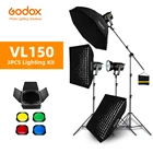 Godox 3 шт. VL150 150 Вт 5600K белая версия светодиодного непрерысветильник для видеосъемки + 70x100 см фото + 2,8 м свет стойка студисветильник