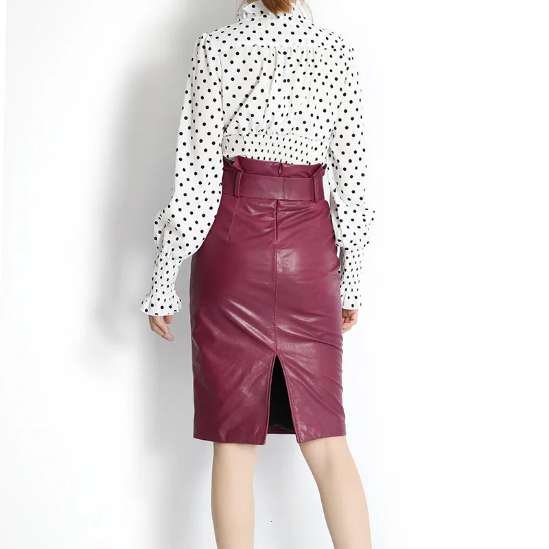 Womens Genuine Leather Skirt High Waist Office Ladies Elegant Designs Work Formal Skirts Female Slim Bodycon Pencil Skirts Belts