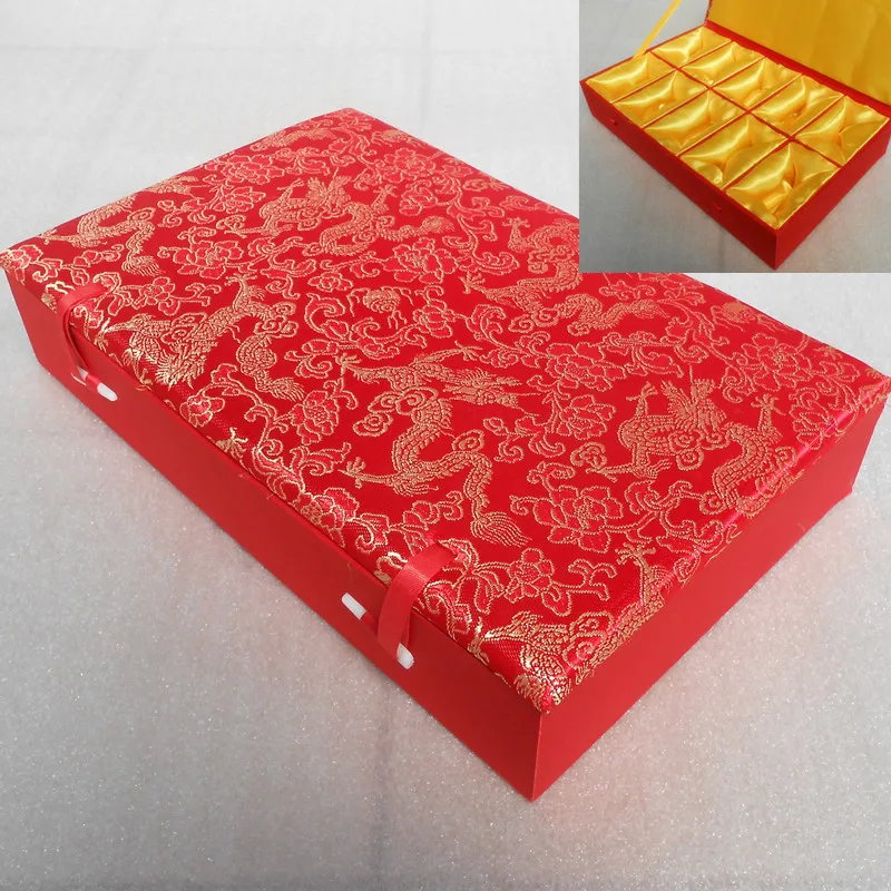 Large Cotton Filled 10 Slots Grid Stone Collection Box Wood Chinese Silk Brocade Decorative Storage Case Crafts Birthday Gift