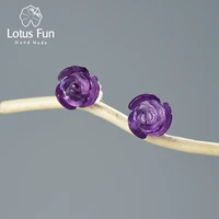 lotus fun romantic natural quartz amethyst rose flower stud earrings real 925 sterling silver fine jewelry earrings for women