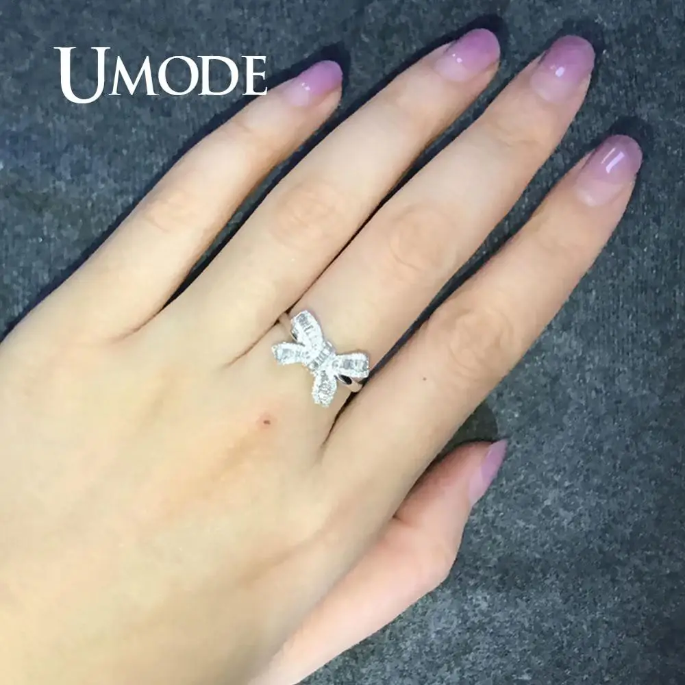 UMODE серебряное классическое кольцо для женщин и девочек, обручальные кольца, корейские ювелирные изделия, простое Кристальное циркониевое кольцо с бантом UR0522