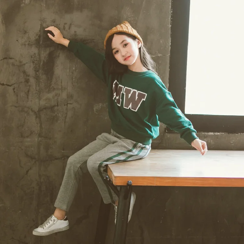 New Girls Dark Green Sweater Plus Long Pants Set for Toddler Girls Casual Children Clothes 10 Years Girl Sports Outerwear