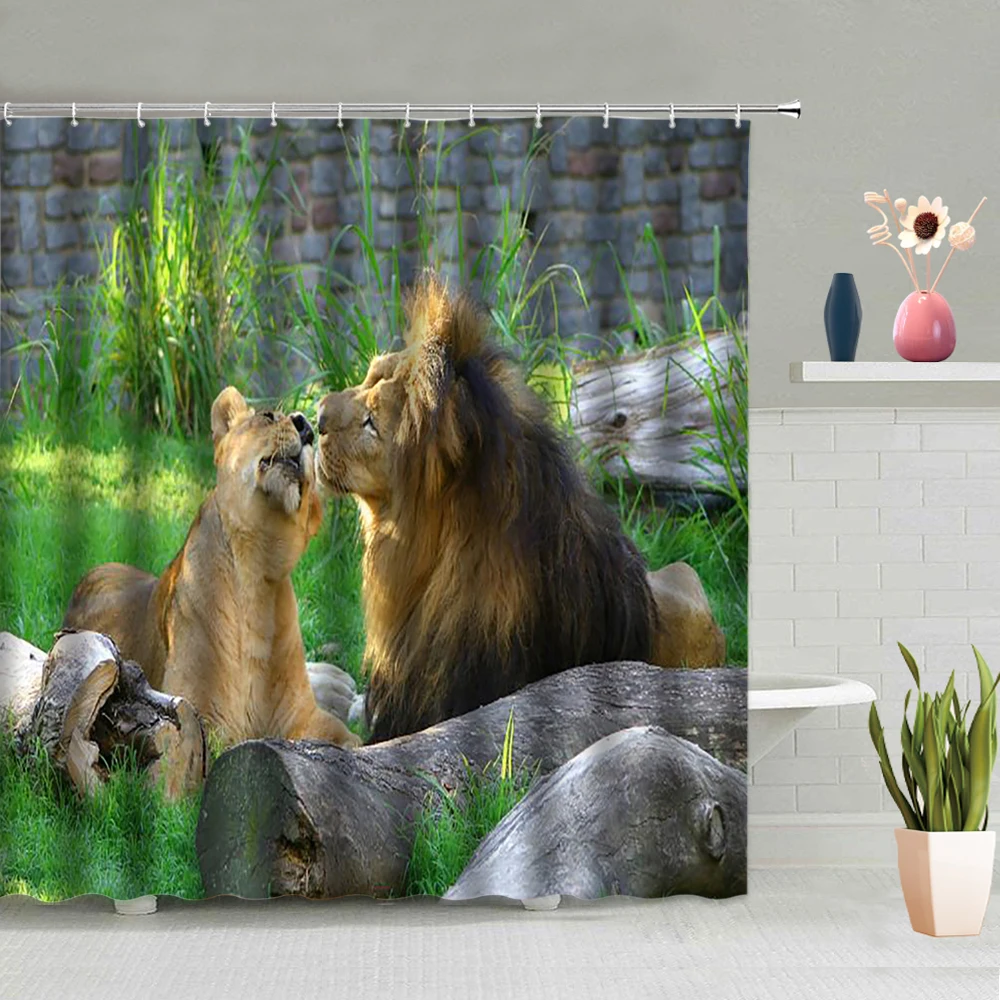 

Polar Bear Shower Curtain Giraffe Tiger Lion Deer Cow Brown Bear Alpaca Animal Mountain Slope Grassland Background With Hook