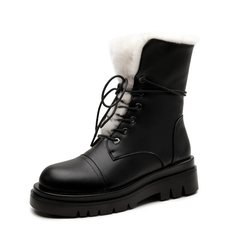 Jual Sepatu Bot Salju Wanita Bulu Alami Sepatu Platform Wanita Mode Tali Silang Sepatu Bot Pergelangan Kaki Musim Dingin Berenda Ujung Bulat Putih Coklat Hitam Wanita