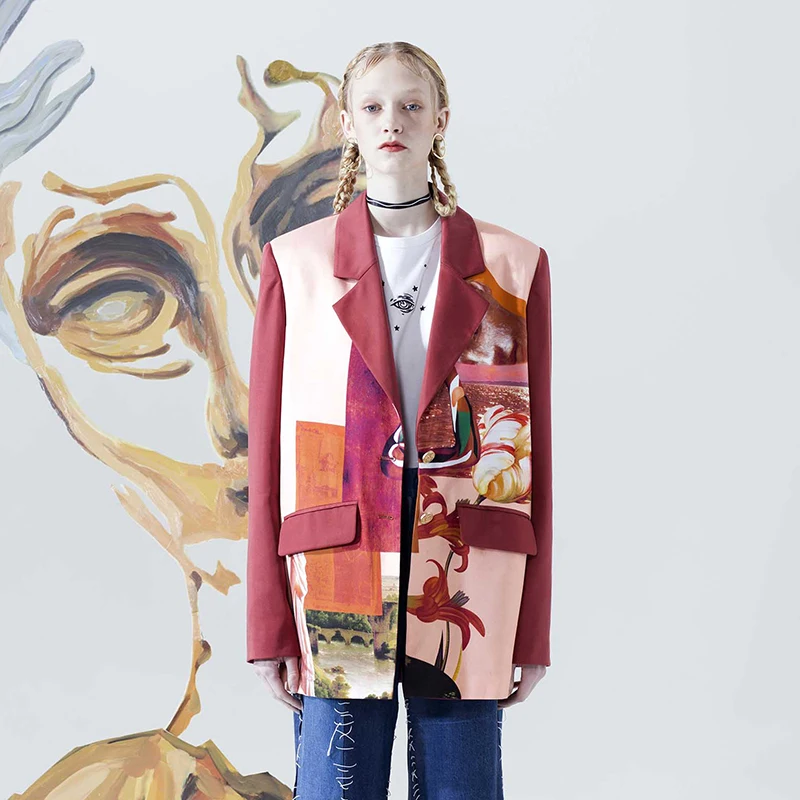 Современный Женский блейзер с цветочным принтом Mujer костюм длинными рукавами