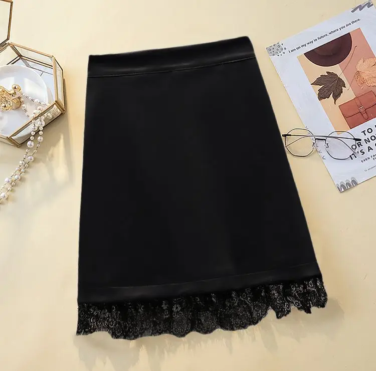 Eleganr Korean Y2K Pu Leather Retro Slim Fit High Waist Skirt for Women Short Autumn Winter Lace Patchwork Skirts Plus Size 4XL | Женская