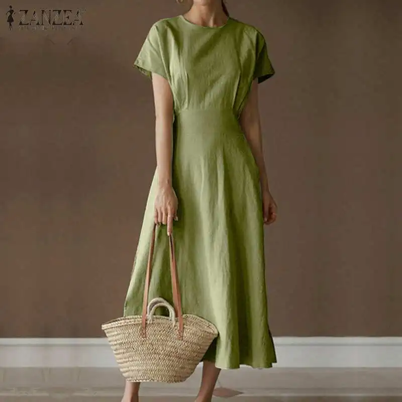 

2021 Summer Elegant Maxi Dress Womens Solid Cotton Linen Kaftan ZANZEA Fashion A Line Vestidos Casual OL Daily Dresses