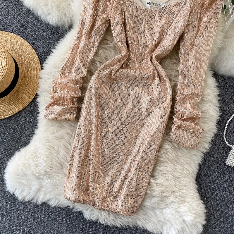 

Sexy Sequin Bodycon Party Dress Women Elegant V-Neck High Waist Long Sleeve Chain Mini Vestidos Female Club New Fashion 2021
