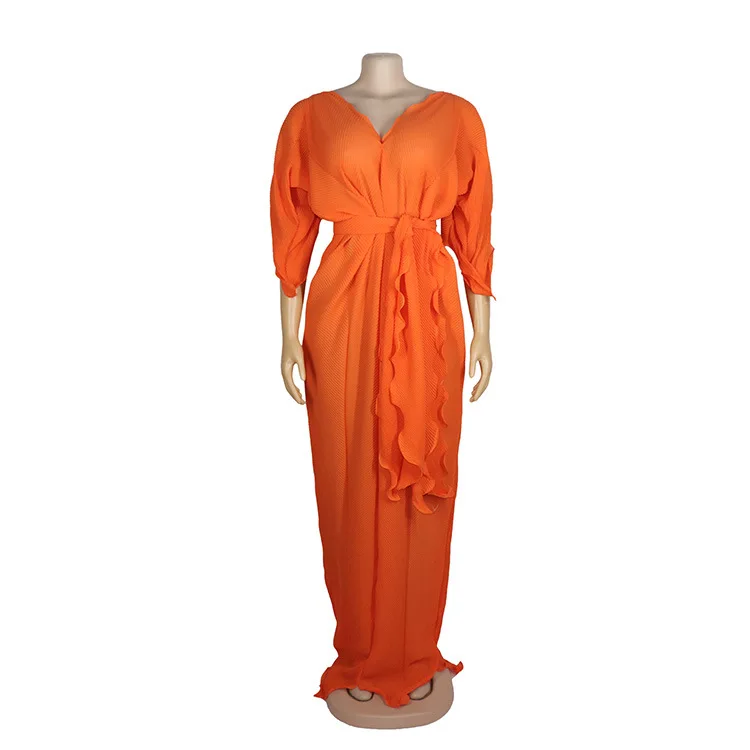 

2021 Women Spring Summer Solid Ruffles Dresses Chic Sexy V-neck Pleated Ruffled Pearl Chiffon Loose and Elegant Dress Plus Size